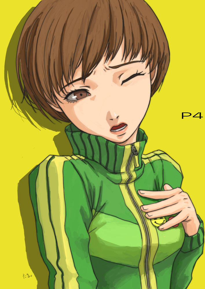 brown_hair, hand_on_chest, hand_on_own_chest, open_mouth, persona, persona_4, satonaka_chie, short_hair, solo, tama_(pixiv69870)