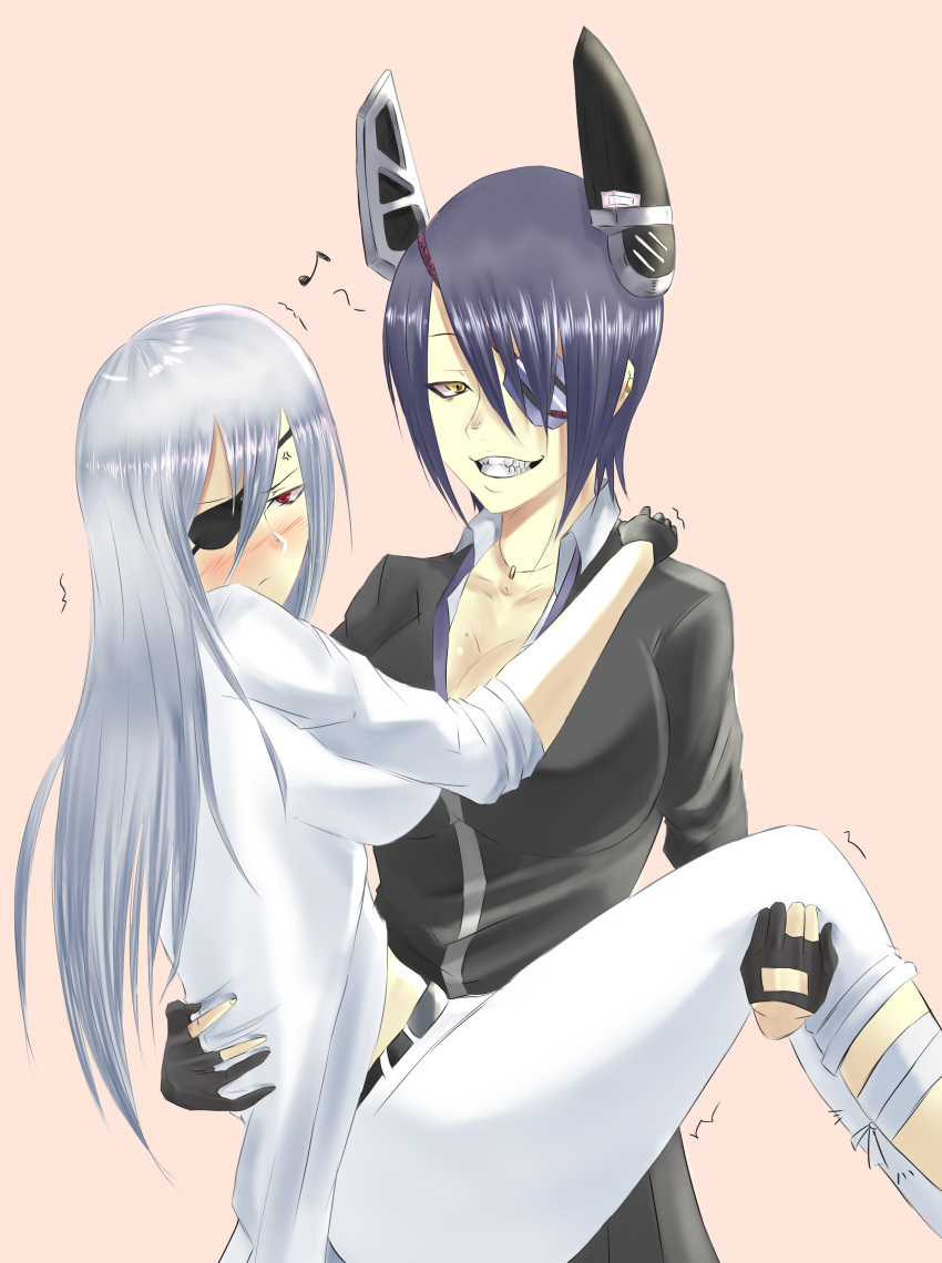 2girls, absurdres, bandages, blush, breasts, carrying, eyepatch, female_admiral_(kantai_collection)