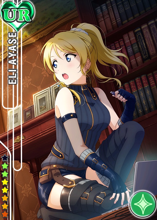 1girl, :o, ayase_eli, belt, blonde_hair, blue_eyes, card_(medium), character_name, computer, fingerless_gloves, gloves, laptop, love_live!_school_idol_festival, love_live!_school_idol_project, official_art, phantom_thief_erichika, ponytail, pouches, tagme