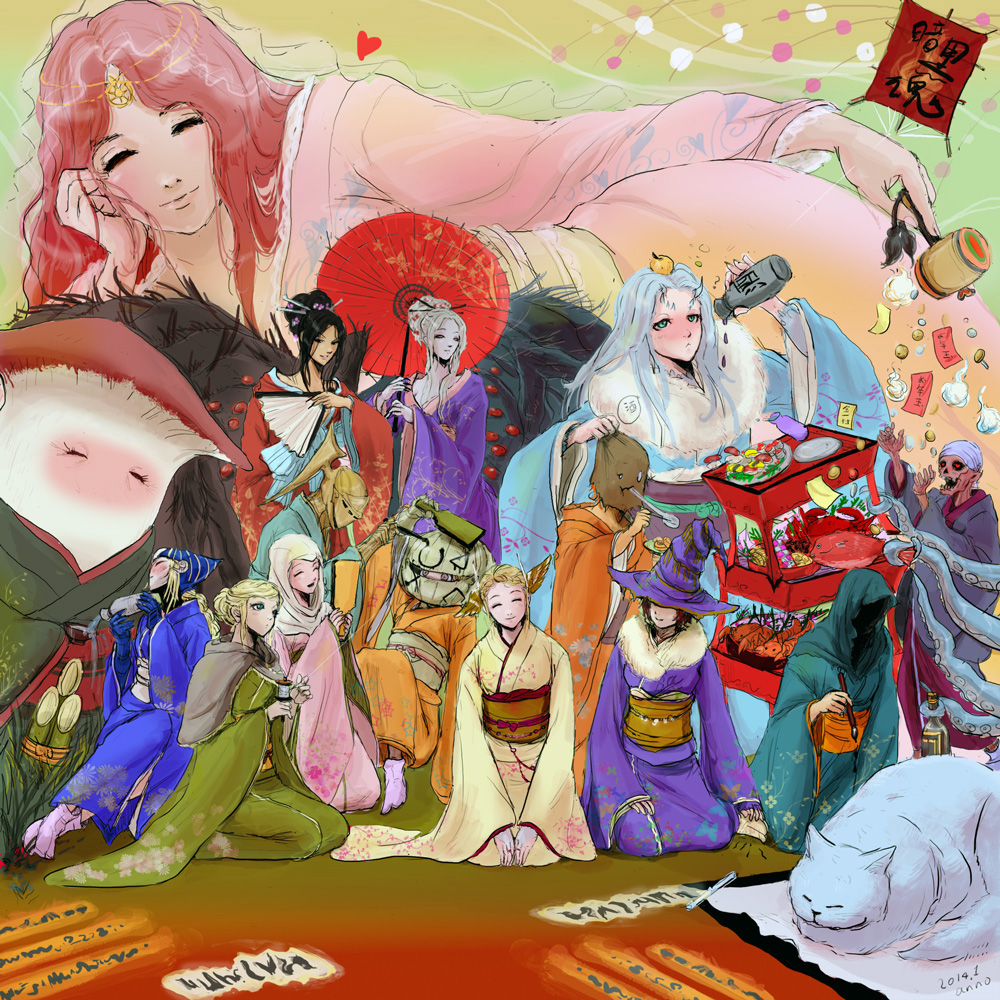 2014, 6+girls, alcohol, alvina_of_the_darkroot_wood, anastacia_of_astora, blush, bottle, cat, chaos_witch_quelaag, dark_souls, drinking, drunk, dumpling, dusk_of_oolacille, eating, elizabeth_(dark_souls), everyone, fan, fish, food, giantess, hat, helmet, japanese_clothes, kimono, kite, lady_of_the_darkling, lord's_blade_ciaran, maneater_mildred, matsurika_spica, monster_girl, multiple_girls, mushroom, new_year, paintbrush, priscilla_the_crossbreed, queen_of_sunlight_gwynevere, quelaag's_sister, quelaana_of_izalith, rhea_of_thorolund, sake, sake_bottle, sieglinde_of_catarina, smile, souls_(from_software), tentacles, tokkuri, umbrella, undead_merchant_(female), witch_beatrice, witch_hat