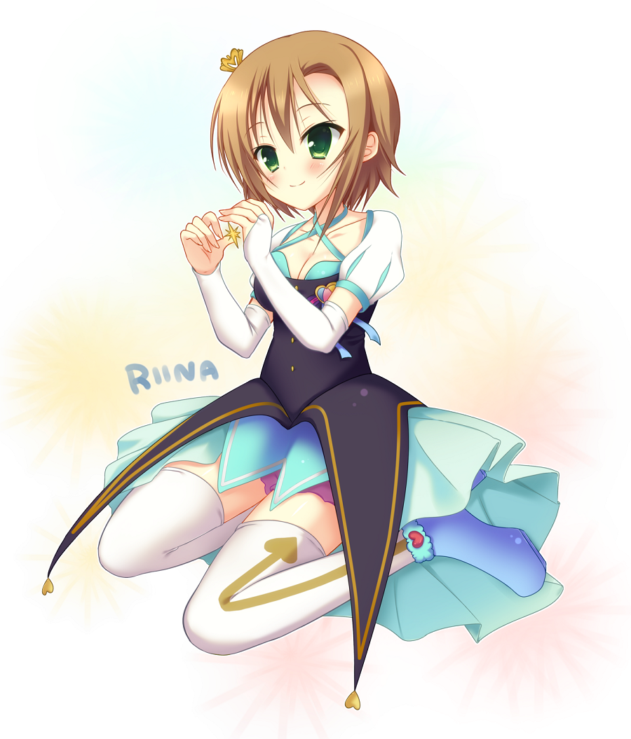 1girl, blush, breasts, bridal_gauntlets, brown_hair, cleavage, crown, dress