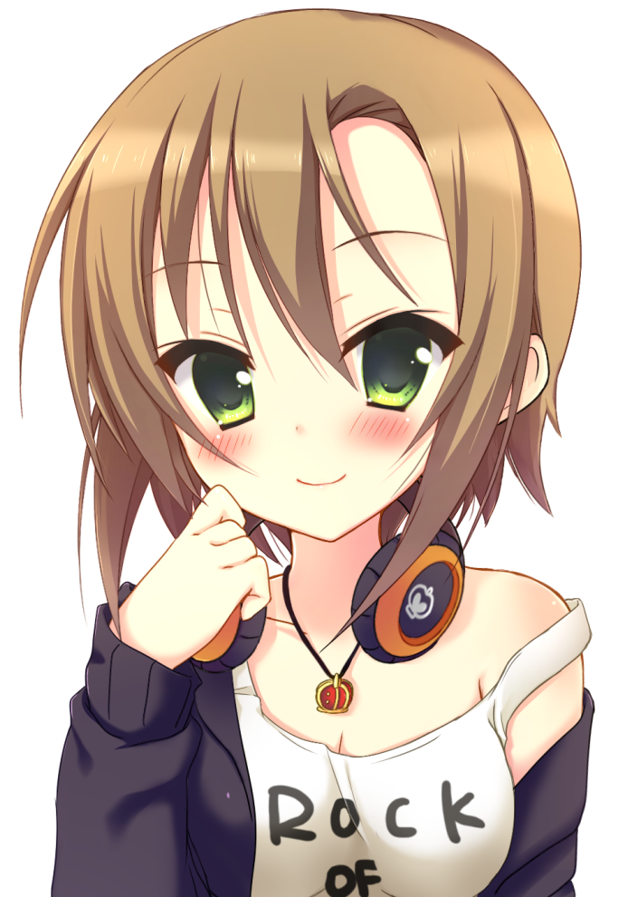 1girl, blush, brown_hair, clothes_writing, green_eyes, headphones, headphones_around_neck, idolmaster