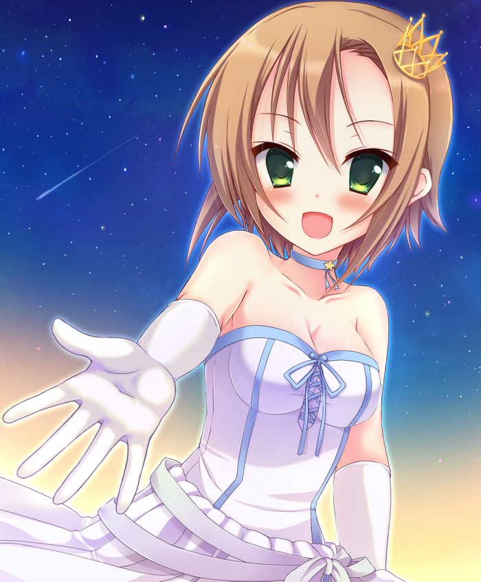 1girl, bare_shoulders, blush, breasts, brown_hair, cleavage, crown, dress