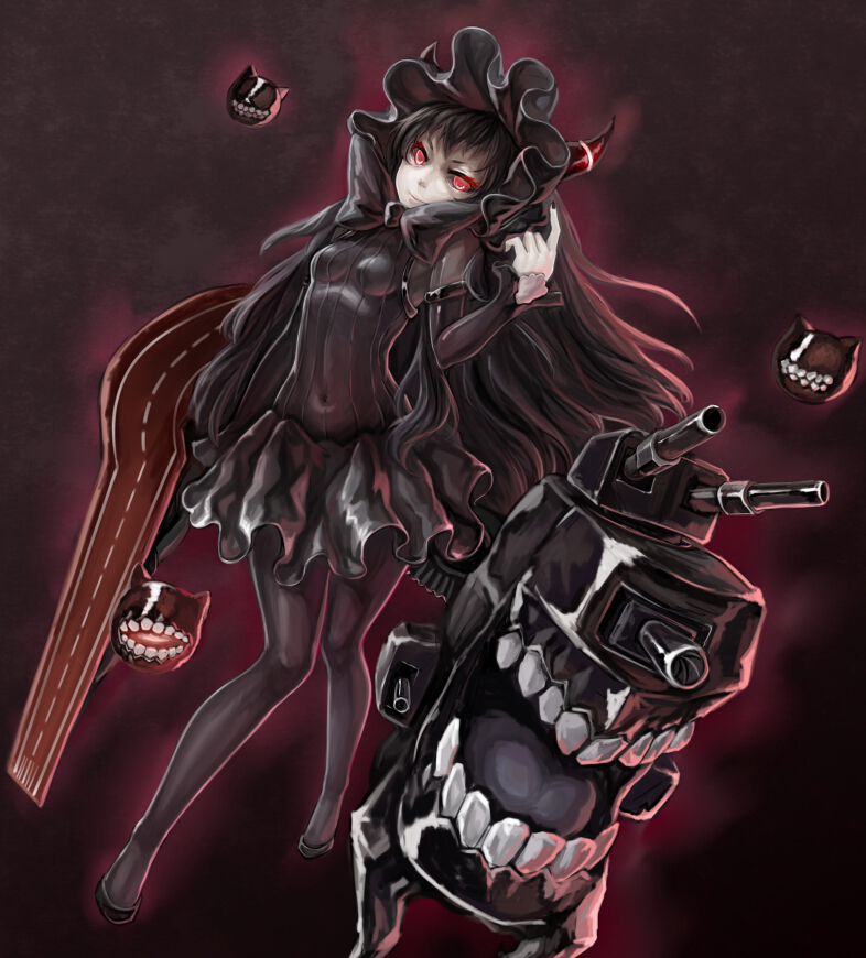 1girl, black_hair, dress, fuuko_chan, gothic_lolita, horns, isolated_island_oni, kantai_collection