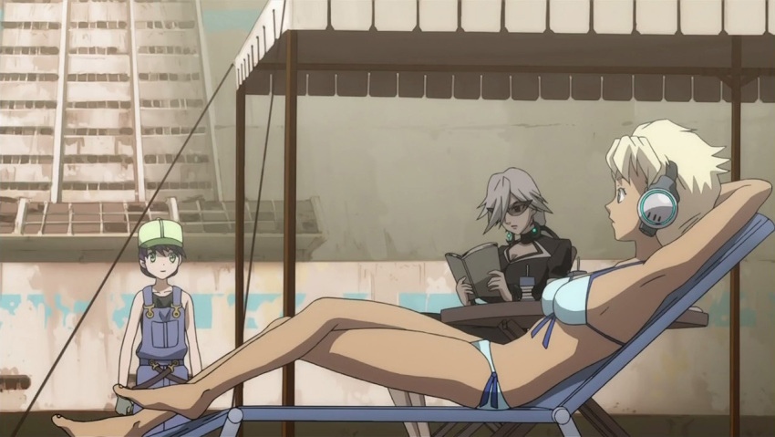 armpits, barefoot, basquash!, bikini, cap, dark_skin, headphones, sela_d_miranda