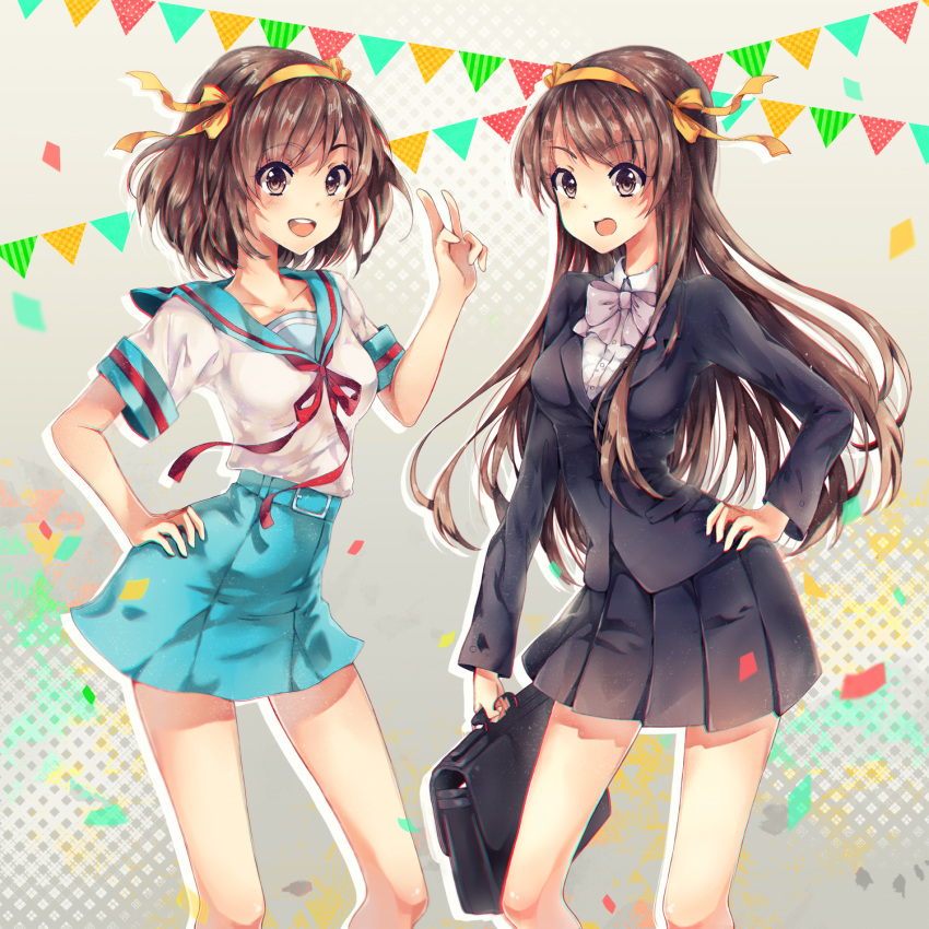 1girl, brown_eyes, brown_hair, dual_persona, hair_ribbon, hairband, highres, long_hair