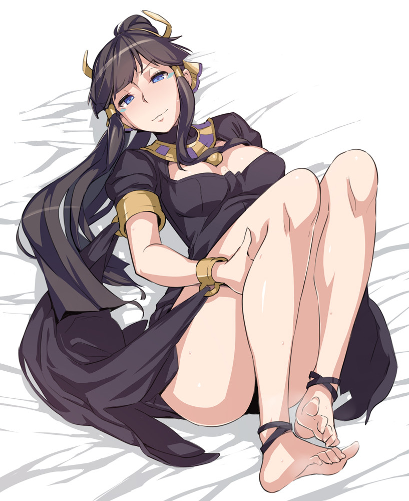 1girl, anklet, armlet, bare_legs, barefoot, blue_eyes, breasts, brown_hair, cleavage, dress, egyptian, eyeshadow, hair_tubes, hairband, jewelry, legs, long_hair, lying, makeup, naughty_face, nephthys_(p&amp;d), netlk, on_back, ponytail, puzzle_&amp;_dragons, smile, solo