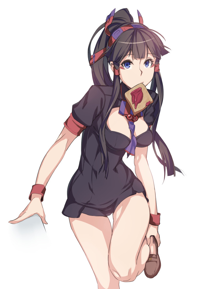 1girl, arm_support, black_hair, blue_eyes, breasts, cleavage, dress, egyptian