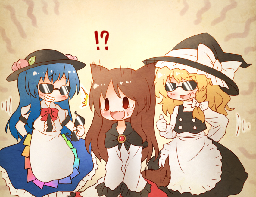 !?, 3girls, animal_ears, apron, arinu, black_dress, blonde_hair, blue_hair
