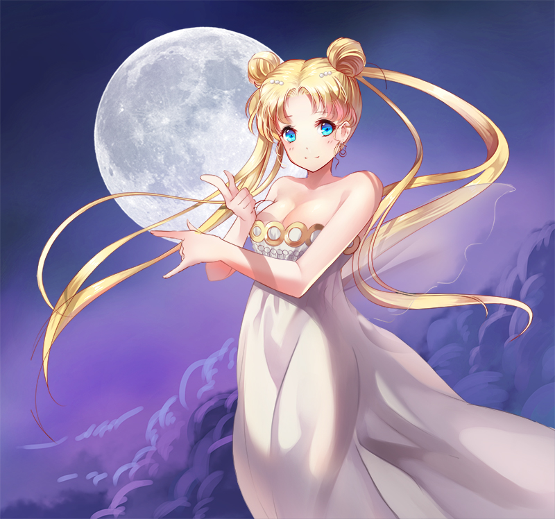 1girl, bare_shoulders, bishoujo_senshi_sailor_moon, blonde_hair, blue_eyes, breasts, cleavage, clouds, collarbone, double_bun, dress, full_moon, long_hair, moon, princess_serenity, purple_background, smile, solo, strapless_dress, tsuki_ni_kawatte_oshioki_yo, tsukino_usagi, twintails, white_dress, yamkom