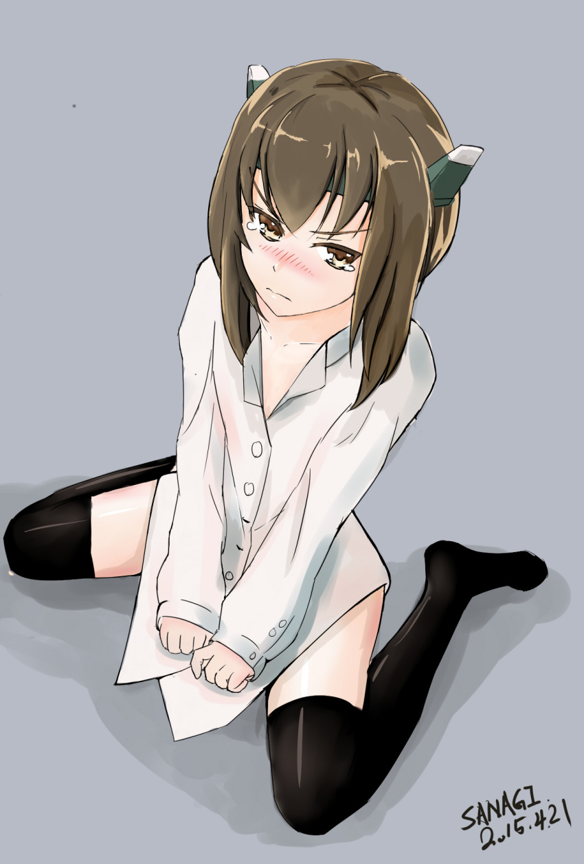 1girl, 2015, bei_wan_huai_de_muou, black_legwear, blush, brown_eyes, brown_hair, collarbone