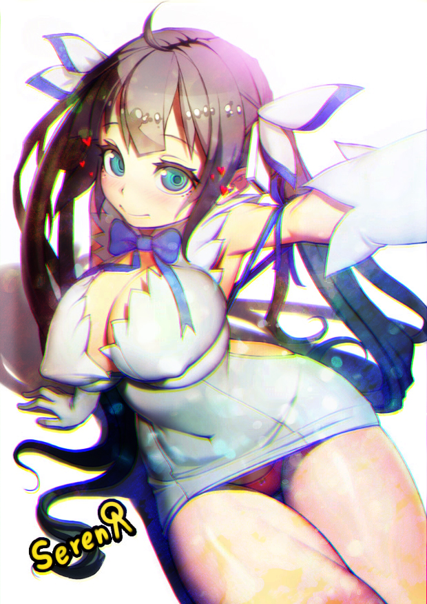 1girl, blue_eyes, breasts, brown_hair, cleavage, dungeon_ni_deai_wo_motomeru_no_wa_machigatteiru_darou_ka, gloves, hair_ribbon
