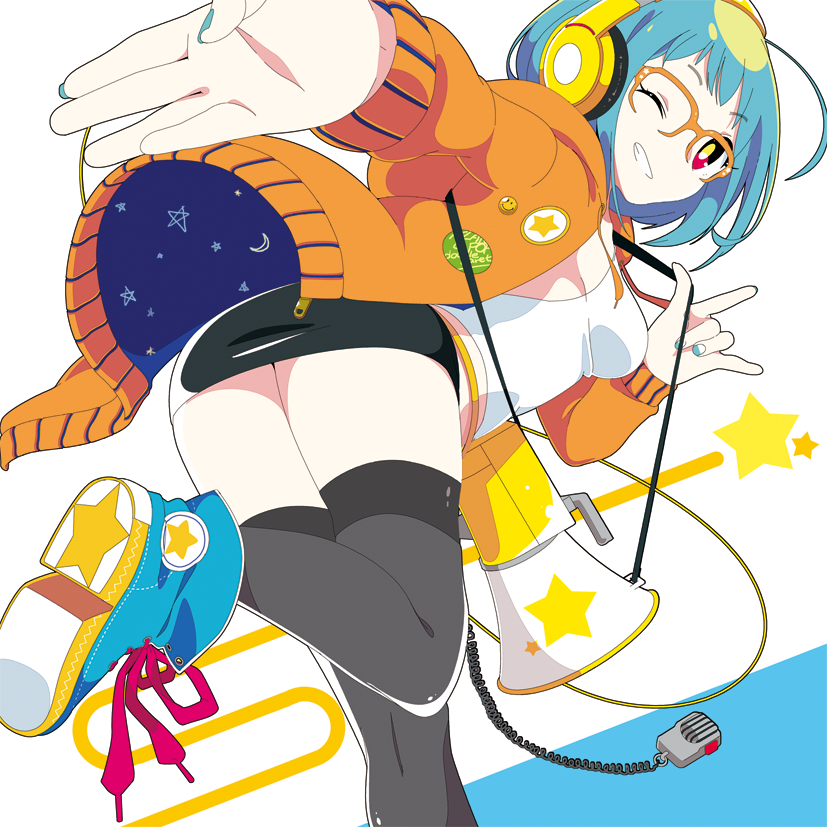 1girl, ;d, \m/, album_cover, black_legwear, blue_hair, blue_nails, boots