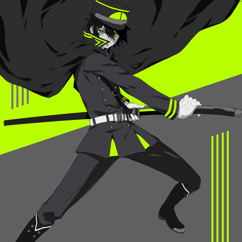 aki_ii, black_hair, cloak, double-breasted, gloves, highres, hyakuya_yuuichirou, katana