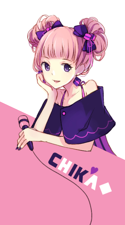 1girl, bare_shoulders, character_name, chika_(vocaloid), double_bun, hand_on_own_cheek, heart, looking_at_viewer