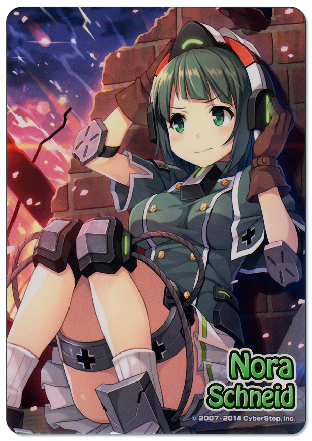 armored_boots, battlefield, black_hair, character_name, convenient_censoring, convenient_leg, cosmic_break, gloves, green_eyes, helmet, knee_pads, military, military_uniform, miniskirt, nora_schneid, official_art, skirt, uniform, wakaba