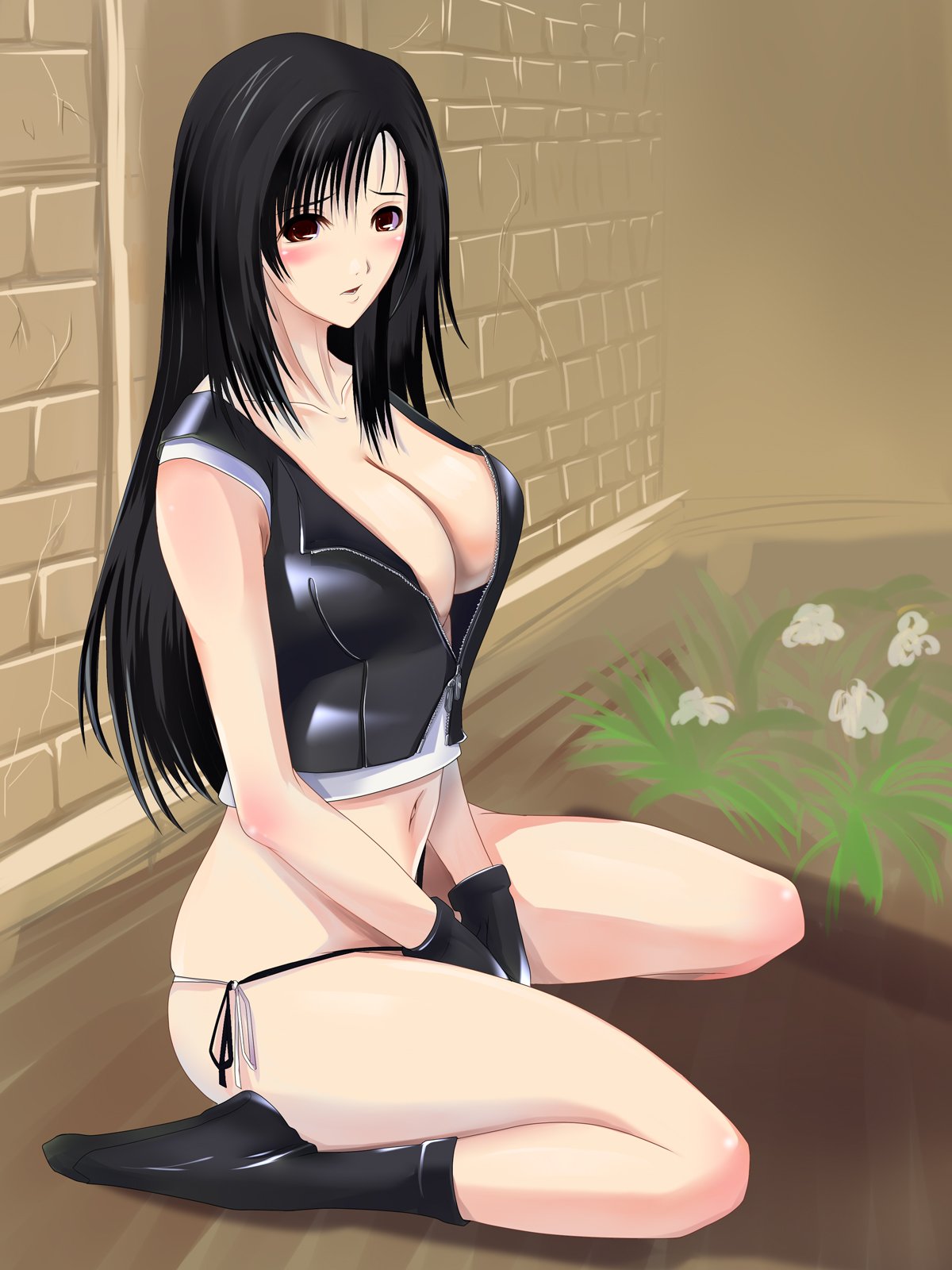 between_thighs, bizen_dorobune, black_hair, blush, breasts, brick, brown_eyes, bzdb, cleavage, down_blouse, final_fantasy, final_fantasy_vii, final_fantasy_vii_advent_children, floor, flower, gloves, hand_between_legs, highres, huge_breasts, long_hair, navel, no_pants, panties, scrawl, side-tie_panties, sitting, skindentation, socks, solo, tifa_lockhart, underwear, unzipped, v_arms, wariza
