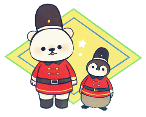 ayu_(mog), bearskin_cap, belt, bird, black_eyes, full_body, looking_at_viewer, lowres, military, military_uniform, no_humans, original, penguin, polar_bear, simple_background, standing, star, uniform, white_background