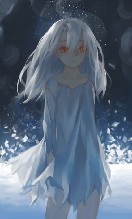 1girl, 91_(968087), dress, fate/stay_night, fate_(series), illyasviel_von_einzbern, rags, red_eyes, snow, solo, white_hair