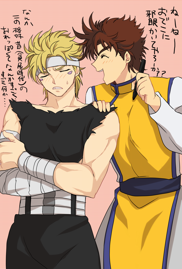 2boys, aibu, blonde_hair, brown_hair, caesar_anthonio_zeppeli, chinese_clothes, cosplay, facial_mark, hiei, hiei_(cosplay), jojo_no_kimyou_na_bouken, joseph_joestar_(young), kurama, kurama_(cosplay), marker, multiple_boys, parody, translation_request, yuu_yuu_hakusho