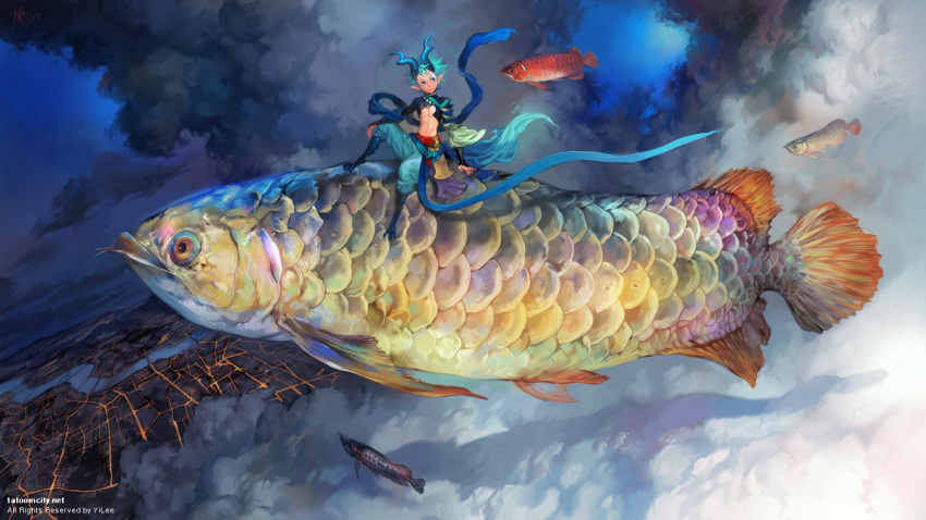 1boy, aqua_hair, arm_support, arowana, artist_name, clouds, fish, floating