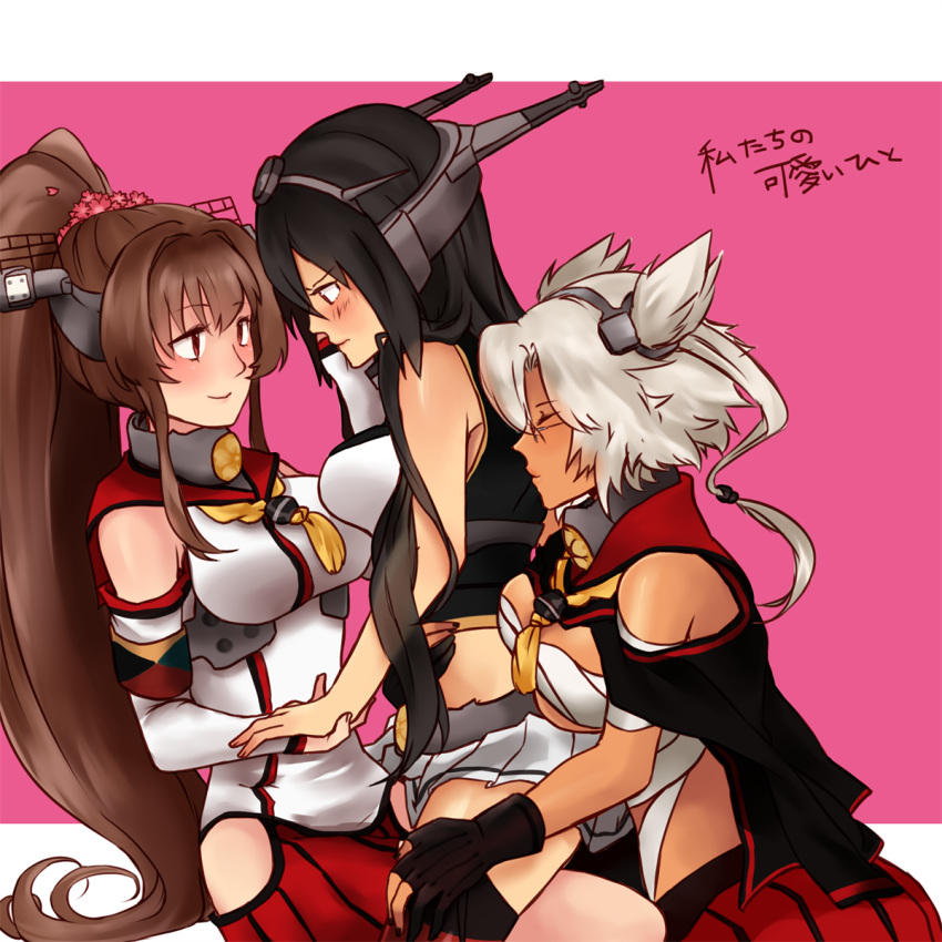 bare_shoulders, brown_hair, budget_sarashi, detached_sleeves, glasses, hair_ornament, headgear, highres