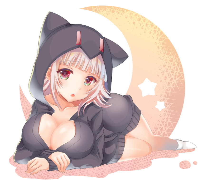 1girl, :o, animal_hood, bangs, blonde_hair, blunt_bangs, breasts, cat_hood, cleavage, crescent_moon, dangan_ronpa, hood, hoodie, komekomedan, large_breasts, looking_at_viewer, lying, moon, multicolored_eyes, nanami_chiaki, on_stomach, open_mouth, red_eyes, solo, super_dangan_ronpa_2, sweater