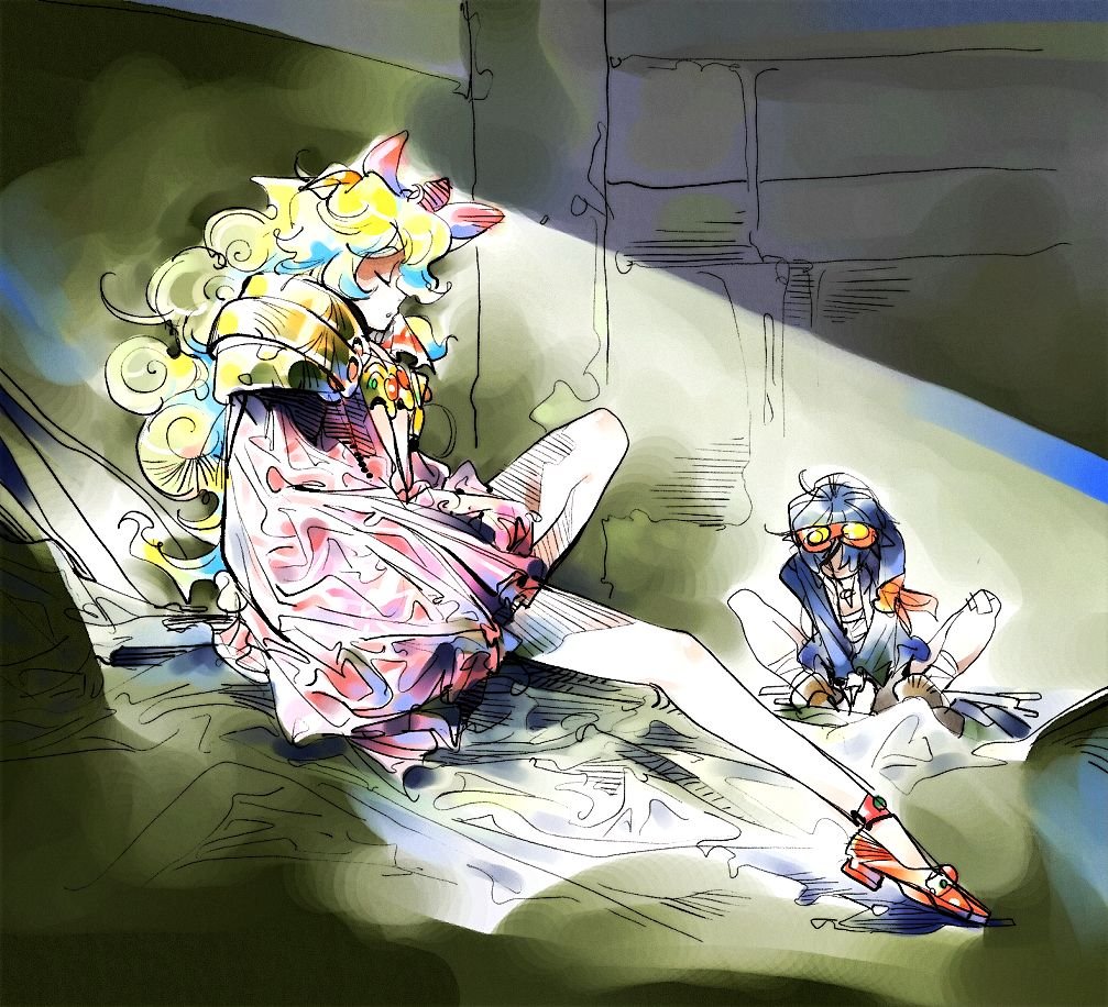 blue_hair, cape, closed_eyes, dabosu, dress, flower, goggles, goggles_on_head