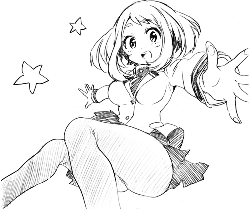 1girl, :d, boku_no_hero_academia, long_sleeves, necktie, open_mouth, pantyhose, risumai, school_uniform, short_hair, simple_background, skirt, smile, solo, star, uraraka_ochako, white_background