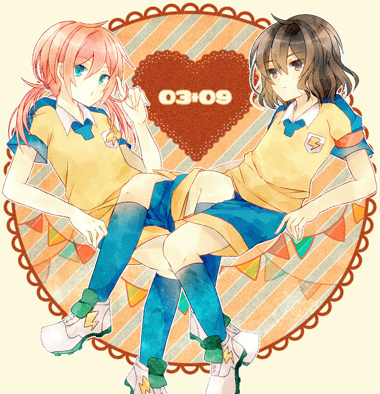 2boys, armband, blue_eyes, brown_eyes, brown_hair, heart, inazuma_eleven_(series), inazuma_eleven_go, kirino_ranmaru, lightning_bolt, long_hair, male_focus, multiple_boys, pink_hair, raimon, raimon_soccer_uniform, saichuu, shindou_takuto, soccer_uniform, sportswear, twintails, uniform_number