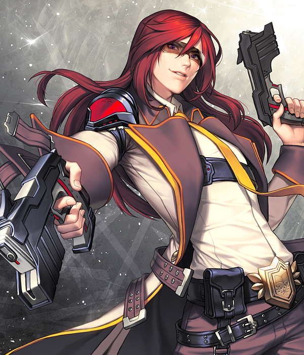 1boy, alternate_costume, belt, boots, card_(medium), chaos_online, dual_wielding, gun