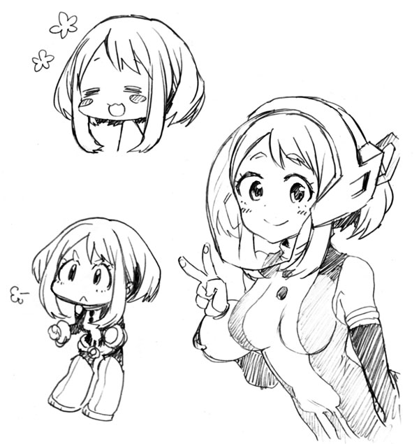 >:<, 1girl, :3, =_=, bare_shoulders, blush_stickers, bodysuit, boku_no_hero_academia