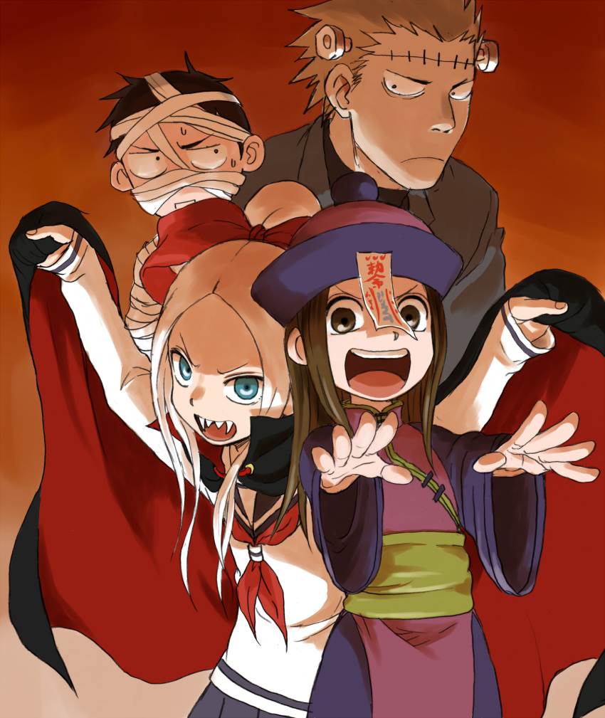 2boys, 2girls, black_hair, blue_eyes, brown_hair, fangs, frankenstein's_monster, frankenstein's_monster_(cosplay)