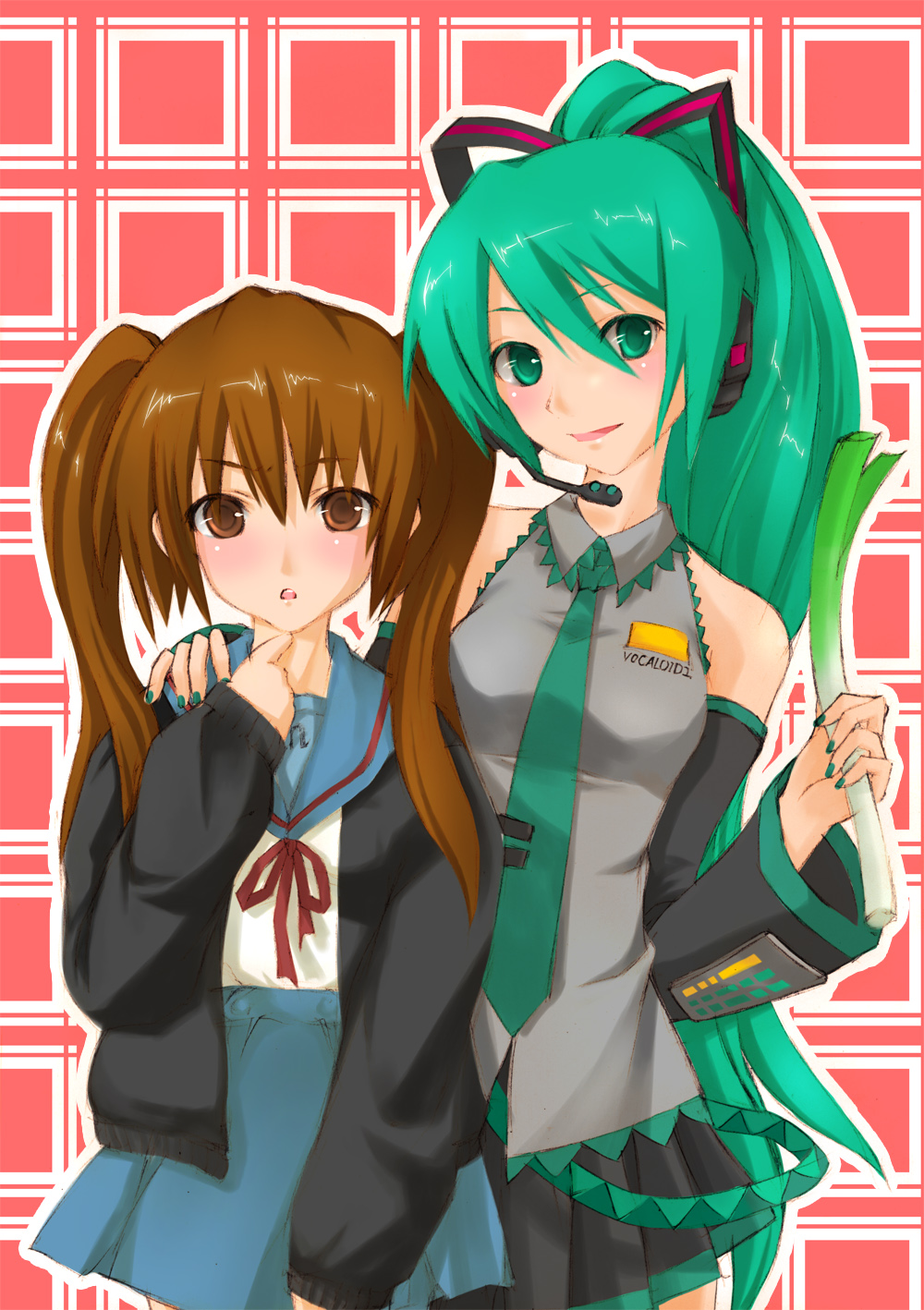 2girls, bad_id, bare_shoulders, brown_eyes, brown_hair, crossover, detached_sleeves, genderswap