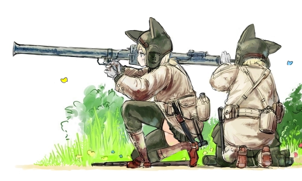 2girls, animal_ears, bazooka, blonde_hair, boots, coh, gloves, gun
