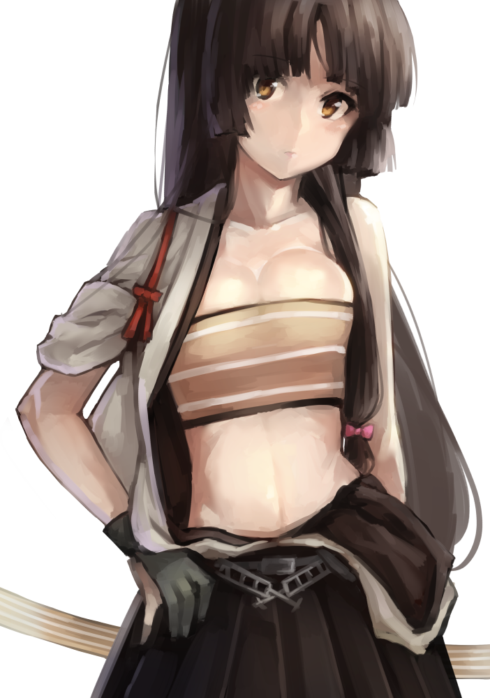 1girl, bandeau, black_skirt, brown_eyes, brown_hair, japanese_clothes, kantai_collection, looking_at_viewer