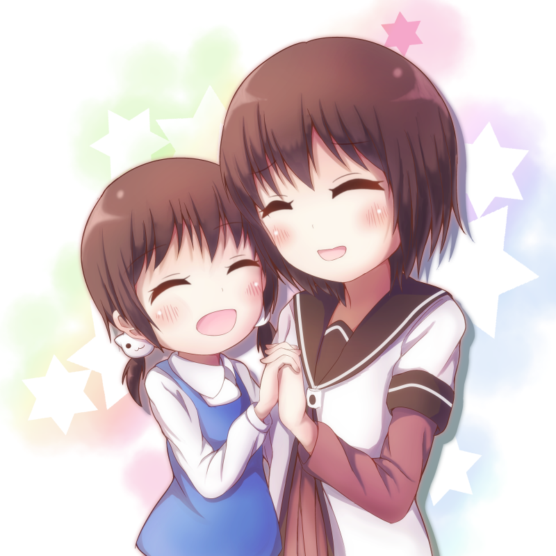 2girls, :d, ^_^, age_difference, blue_dress, brown_hair, cat_hair_ornament, closed_eyes