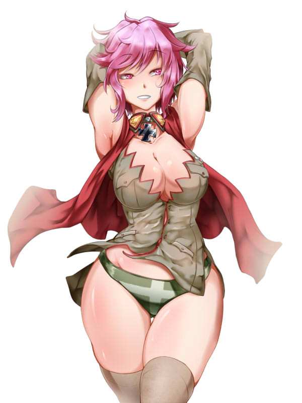 armpits, arms_up, breasts, cape, cleavage, guderian_(milihime_taisen), iron_cross, kanta_(k_n_t_r_o)