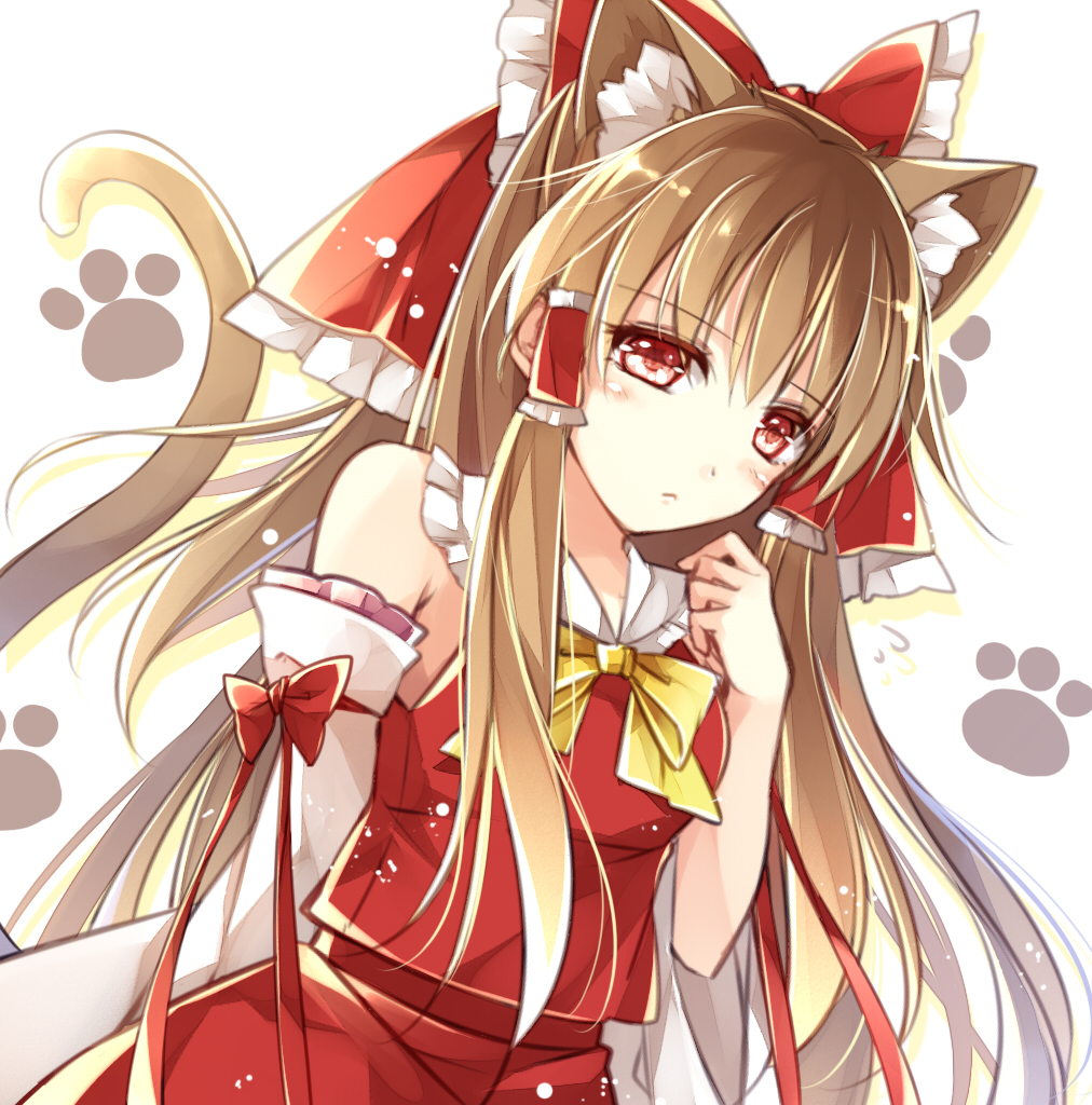 1girl, animal_ears, bow, brown_hair, cat_ears, cat_tail, detached_sleeves, flying_sweatdrops