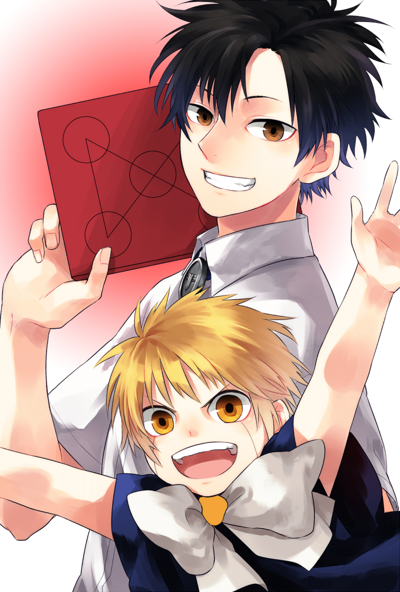 2boys, black_hair, blonde_hair, brown_eyes, gash_bell, konjiki_no_gash!!, multiple_boys, school_uniform