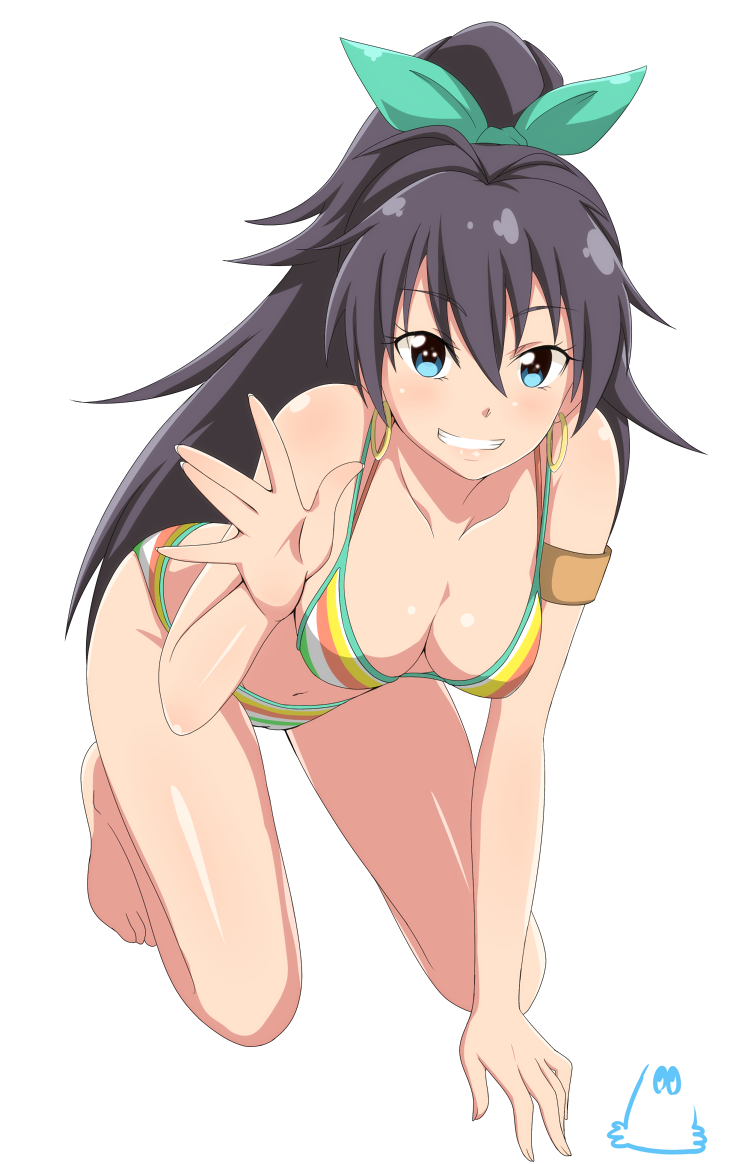 1girl, bikini, black_hair, blue_eyes, earrings, ganaha_hibiki, grin, idolmaster