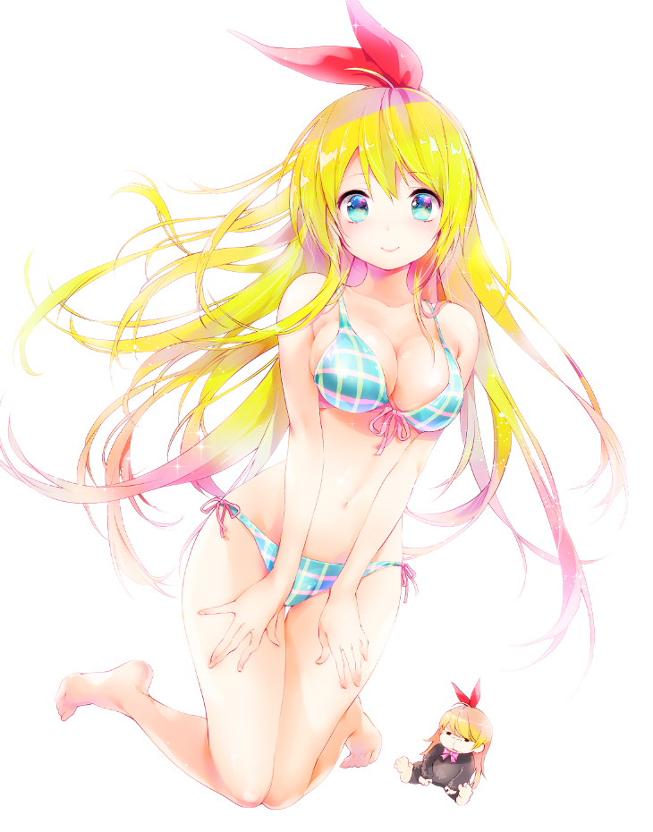 1girl, bikini, blonde_hair, blue_bikini, blue_eyes, blush, breasts, character_doll