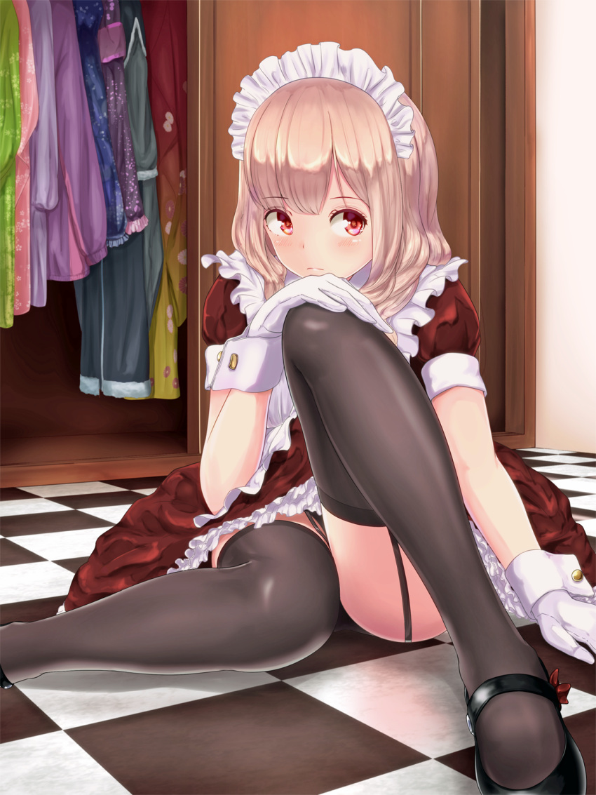 1girl, black_legwear, blush, brown_hair, checkered, checkered_floor, closed, garter_straps