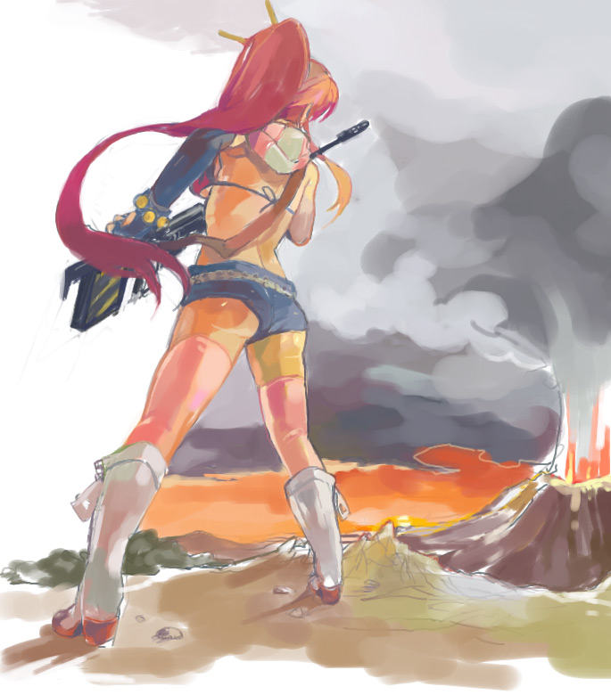 back, belt, bikini_top, boots, giantess, gun, i_(kaiyou), legs