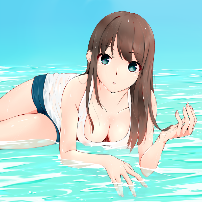 1girl, breasts, brown_hair, cleavage, downblouse, egooo, green_eyes, idolmaster
