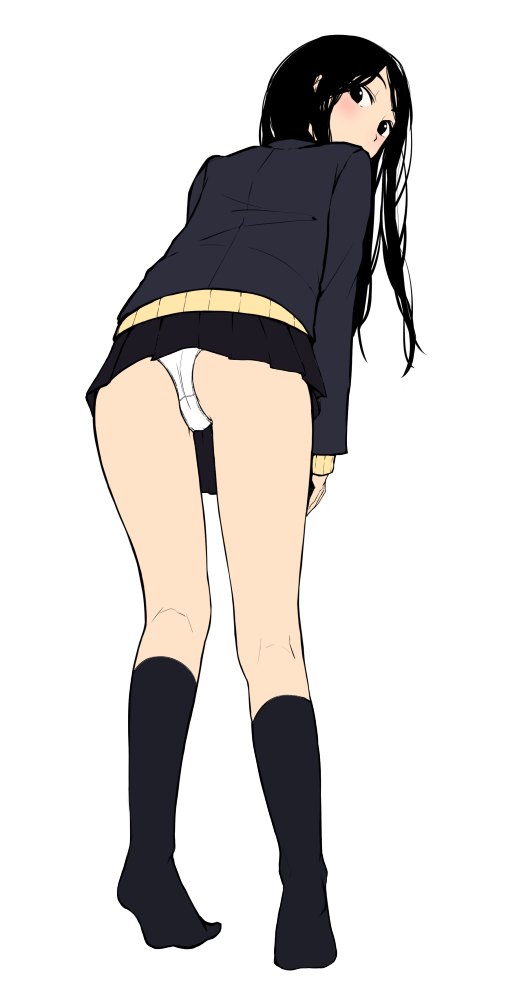 1girl, ass, black_eyes, black_hair, blazer, blush, gagajya, kneehighs