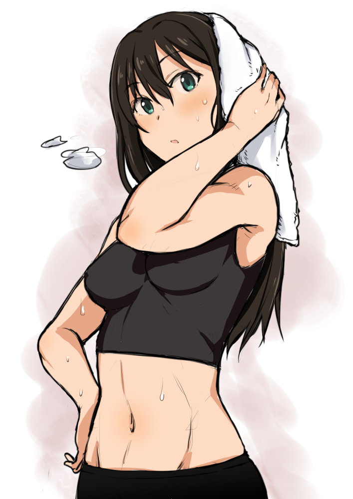 1girl, black_hair, breasts, crop_top, gagajya, green_eyes, hand_on_hip, idolmaster