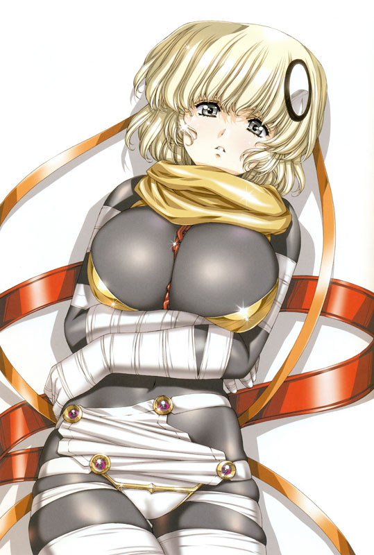 1girl, anita_(growlanser), bodysuit, breasts, covered_navel, crossed_arms, grey_eyes, growlanser, growlanser_vi, hair_ribbon, large_breasts, official_art, orange_ribbon, ribbon, short_hair, solo, urushihara_satoshi, white_background, white_hair