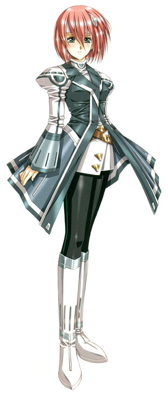1girl, black_legwear, boots, coat, elessa_(growlanser), green_eyes, growlanser, growlanser_v