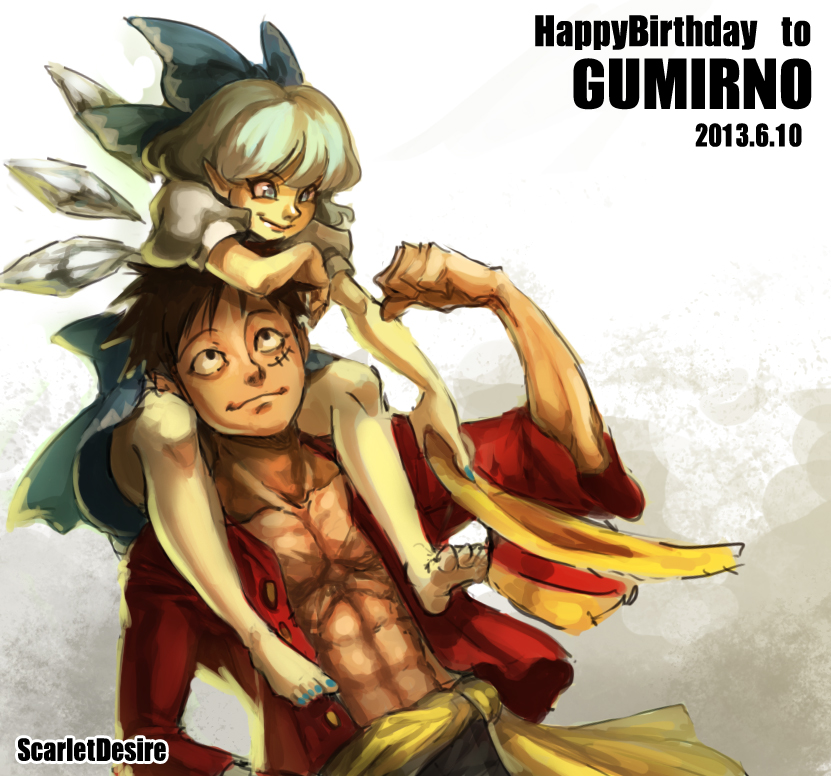1boy, 1girl, cirno, monkey_d_luffy, one_piece, scarlet_desires, touhou, trait_connection